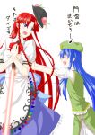  blue_eyes blue_hair braid cosplay costume_switch food fruit hat highres hinanawi_tenshi hinanawi_tenshi_(cosplay) hong_meiling hong_meiling_(cosplay) long_hair multiple_girls niwatazumi peach sword sword_of_hisou touhou translated twin_braids very_long_hair weapon 