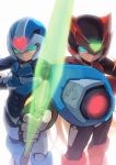  arm_cannon armor blonde_hair blue_eyes energy_sword glowing glowing_eyes green_eyes helmet homura_subaru long_hair male rockman rockman_x rockman_zero sword weapon x_(rockman) zero_(rockman) 