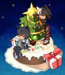 1boy animal_ears black_hair blue_background blush buckle cat_ears character_doll chibi christmas christmas_tree coat dual_persona elsword expressionless gift kemonomimi_mode male multicolored_hair multiple_boys pants raven_(elsword) shoes suzu55 two-tone_hair white_hair yellow_eyes 