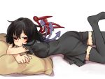  ass asymmetrical_wings black_hair black_legwear breasts dress houjuu_nue lying on_stomach pillow pine red_eyes solo thigh-highs thighhighs touhou white_background wings zettai_ryouiki 