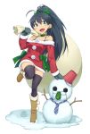  :d antenna_hair aqua_eyes arm_support black_hair black_legwear blush boots bow bucket cucumber dress fang faux_figurine footprints fur_trim ganaha_hibiki glasses hair_ribbon idolmaster long_hair mittens mofu necktie open_mouth ponytail producer_(idolmaster) red_dress ribbon sack santa_costume smile snow snowman solo standing_on_one_leg stick thigh-highs thighhighs 