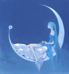  aqua_hair bare_shoulders barefoot bed blue choker crescent_moon cup hatsune_miku kuzuvine long_hair looking_away moon pillow profile sitting sky solo star_(sky) starry_sky teacup twintails very_long_hair vocaloid 