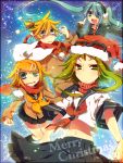  3girls aqua_eyes aqua_hair blonde_hair christmas earmuffs goggles green_eyes green_hair gumi hair_ornament hair_ribbon hairclip haru_(oomr005) hat hatsune_miku highres kagamine_len kagamine_rin long_hair merry_christmas midriff multiple_girls navel open_mouth pointing ribbon santa_hat scarf school_uniform serafuku short_hair skirt sweater twintails very_long_hair vocaloid wavy_mouth 