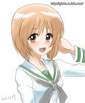  brown_eyes brown_hair ginko_(silver_fox) girls_und_panzer looking_at_viewer nishizumi_miho open_mouth school_uniform serafuku short_hair smile solo 