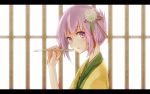  bust calligraphy_brush flower hair_flower hair_ornament hieda_no_akyuu lavender_eyes lavender_hair letterboxed paintbrush shirofox short_hair solo touhou 