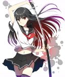 1girl black_legwear huyukaaki katana long_hair navel original school_uniform serafuku skirt solo sword tagme thigh-highs weapon 