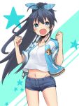  :d black_hair blue_eyes blush clenched_hand clenched_hands fang ganaha_hibiki highres idolmaster long_hair motorii open_clothes open_mouth open_shirt ponytail short_sleeves shorts sleeves_pushed_up smile solo star track_jacket 