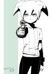  aiming_at_viewer character_name fei_rune gun inazuma_eleven_(series) inazuma_eleven_go inazuma_eleven_go_chrono_stone looking_at_viewer male mizuhara_aki monochrome navel pistol solo weapon 