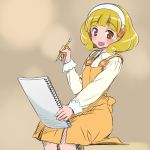  blonde_hair blush casual dress hairband isedaichi_ken kise_yayoi looking_at_viewer open_mouth pencil precure short_hair signature sketch sketchbook smile smile_precure! solo yellow_eyes 