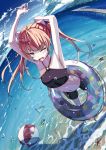  1girl armpits arms_up ball beach beachball bike_shorts brown_hair character_request copyright_request dutch_angle fang fish fisheye halter_top halterneck innertube open_mouth see-through smile solo splashing starfish twintails wink 