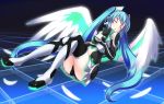  blue_hair boots closed_eyes dangan_neko eyes_closed hatsune_miku long_hair navel skirt solo thigh-highs thigh_boots thighhighs twintails very_long_hair vocaloid wings 