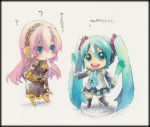  aqua_eyes aqua_hair asaoka blue_eyes chibi detached_sleeves figure hatsune_miku long_hair megurine_luka multiple_girls necktie pink_hair skirt spring_onion thigh-highs thighhighs twintails very_long_hair vocaloid 