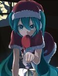  aqua_eyes aqua_hair chippucream hat hatsune_miku highres long_hair mittens mouth_hold santa_costume santa_hat solo thigh-highs thighhighs twintails very_long_hair vocaloid 