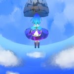  artist_request blue_hair boots cloud clouds dress from_behind headwear_removed hinanawi_tenshi keystone long_hair ribbon ripples shimenawa sky solo sword_of_hisou touhou water 