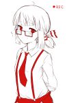  absurdres alternate_hair_length alternate_hairstyle alternate_length bespectacled fujiwara_no_mokou glasses highres line_(tatatadadda) red_eyes short_hair short_twintails smile solo suspenders touhou twintails white_background white_hair 
