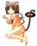  animal_ears ass barefoot black_hair brown_eyes cat_ears cat_tail doughnut feet highres legs nichijou panties polka_dot polka_dot_panties sachiko school_uniform serafuku shinonome_nano short_hair sitting solo tail toes underwear winding_key yokozuwari 