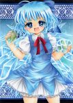  ahoge anor blue_eyes blue_hair bow cirno dress fang frog frozen hair_bow ice ice_wings millipen_(medium) open_mouth pastel_(medium) ribbon short_hair smile solo touhou traditional_media wings 