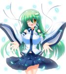  blush breasts detached_sleeves frog_hair_ornament green_hair hair_ornament hair_tubes kochiya_sanae large_breasts long_hair open_mouth osashin_(osada) ribbon skirt smile snake snake_hair_ornament solo touhou wink yellow_eyes 