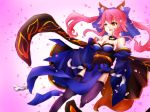  animal_ears bare_shoulders bow breasts caster_(fate/extra) cherry_blossoms cleavage detached_sleeves fate/extra fate_(series) fox_ears hair_bow hair_ribbon japanese_clothes obi petals pink_hair purple_legwear ribbon smile solo tail thigh-highs thighhighs twintails yellow_eyes 