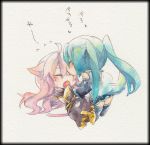  ahoge animal_ears aqua_hair asaoka cat_ears cat_tail chibi closed_eyes detached_sleeves eyes_closed fang hatsune_miku kemonomimi_mode licking long_hair megurine_luka multiple_girls open_mouth pink_hair skirt tail thigh-highs thighhighs tongue twintails very_long_hair vocaloid 