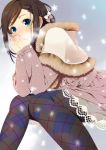  argyle argyle_legwear blue_eyes braid breath brown_hair capelet covering_mouth fur_trim hair_ribbon mattaku_mosuke original pantyhose plaid ribbon scarf snow snowflakes solo winter 