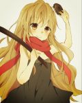  aisaka_taiga bokken brown_eyes brown_hair doughnut dress long_hair momo1002 scarf solo sword toradora! weapon wooden_sword 