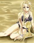  bangle beach bikini black_lagoon blonde_hair blue_eyes bracelet breasts cross cross_necklace eda front-tie_top jewelry large_breasts long_hair side-tie_bikini slender_waist solo swimsuit tattoo very_long_hair yuuki 