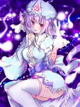  breasts cherry_blossoms hat hitodama japanese_clothes open_mouth petals pink_hair red_eyes saigyouji_yuyuko sash short_hair smile solo soulhunter_en thigh-highs thighhighs touhou triangular_headpiece white_legwear wide_sleeves 