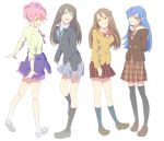  :d black_legwear blazer blue_eyes blue_hair brown_eyes brown_hair cardigan fio88 idolmaster idolmaster_cinderella_girls jougasaki_mika kisaragi_chihaya kneehighs loafers long_hair multiple_girls necktie open_mouth pink_hair plaid plaid_skirt ponytail school_uniform school_wear_(idolmaster) shibuya_rin shimamura_uzuki shoes skirt sleeves_rolled_up smile socks sweater_around_waist thigh-highs thighhighs white_legwear yellow_eyes 