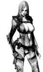  1girl cleavage hair_down highres holster ikeda_masateru jill_valentine large_breasts lips monochrome rachel_(resident_evil) resident_evil resident_evil_revelations solo unzipped wetsuit 