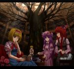  bat_wings blonde_hair blue_eyes book chien_zero couch crescent crystal cup hair_ribbon hairband hat head_wings highres kirisame_marisa koakuma letterboxed library patchouli_knowledge purple_eyes purple_hair red_eyes red_hair redhead ribbon scroll sunbeam sunlight teacup teapot touhou tree violet_eyes voile wings wink yellow_eyes 