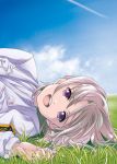  1girl brown_hair bust cloud condensation_trail fana_del_moral grass looking_at_viewer lying on_side open_mouth purple_eyes short_hair sky solo to_aru_hikuushi_e_no_tsuioku 