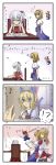  4koma =_= ? absurdres alice_margatroid alice_margatroid_(pc-98) anger_vein animal_ears black_legwear blonde_hair blue_dress blue_eyes capelet cat_ears cat_tail chair chin_rest close-up comic dress fang full_nelson hair_bobbles hair_ornament heart highres kemonomimi_mode kenii lance maid maid_headdress multiple_girls musical_note photo_(object) polearm puppet_strings shanghai_doll shinki side_ponytail silver_hair skirt smile sweatdrop sweater_lift tail thigh-highs thighhighs touhou touhou_(pc-98) translated translation_request weapon yumeko 