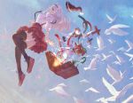  bird black_legwear box chess_piece dove dutch_angle frilled_skirt gift gift_box hairband hat lantern long_hair looking_back midair original pocket_watch red_eyes ribbon sakai_yoshikuni skirt sky solo suitcase thigh-highs thighhighs toy_airplane watch white_hair zettai_ryouiki 