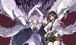  &gt;_o 2girls :d alternate_hair_color angel angel_wings arms_up belt blush braid brown_hair closed_eyes gloves multiple_girls multiple_wings open_mouth pocket purple_hair rika_(touhou) sariel shorts smile staff touhou touhou_(pc-98) twin_braids wakanita wings wink wrench 