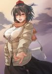 bag black_hair blurry blush breasts depth_of_field hand_in_pocket hat large_breasts open_mouth pointy_ears red_eyes scarf shameimaru_aya short_hair solo strap_cleavage tkln tokin_hat touhou 