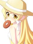  bare_shoulders blonde_hair doughnut hat long_hair monogatari_(series) nisemonogatari oshino_shinobu pointy_ears solo yellow_eyes 