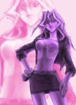  belt bracelet breasts cleavage faux_traditional_media hand_on_hip jacket jewelry kujaku_mai lb2_take long_hair looking_at_viewer looking_down monochrome pink pink_background purple skirt sleeves_rolled_up solo yu-gi-oh! yuu-gi-ou yuu-gi-ou_duel_monsters zoom_layer 
