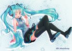  aqua_eyes aqua_hair bare_shoulders boots crossed_legs hatsune_miku headset highres legs_crossed long_hair necktie open_mouth overloadetna sitting skirt solo thigh-highs thigh_boots thighhighs twintails very_long_hair vocaloid wink 