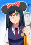  animal_ears ano_hi_mita_hana_no_namae_wo_bokutachi_wa_mada_shiranai black_hair blue_eyes bow castle disney disneyland flag glasses hayashi_kasutamu long_hair mickey_mouse_ears mouse_ears necktie red-framed_glasses school_uniform semi-rimless_glasses solo tsurumi_chiriko vest 