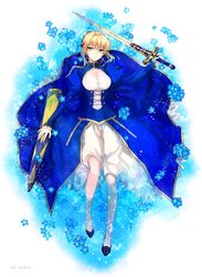  ahoge avalon_(fate/stay_night) blonde_hair breasts cleavage cleavage_cutout dress excalibur fate/stay_night fate_(series) flower green_eyes lying saber sheath solo sword weapon xingna 