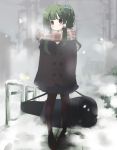  alternate_costume alternate_hairstyle bag brown brown_eyes coat frog_hair_ornament green_hair guitar_case hair_ornament instrument_case kochiya_sanae pantyhose pleated_skirt ryokamiryo scarf school_bag skirt snow solo touhou winter 