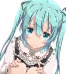  aqua_eyes aqua_hair face hair_ribbon hatsune_miku hinausa nail_polish ribbon simple_background solo twintails vocaloid white_background 