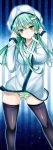  black_legwear frog_hair_ornament green_eyes green_hair green_panties hair_ornament hoodie kochiya_sanae kurenai_iroha long_hair looking_at_viewer no_pants panties snake solo striped striped_panties thigh-highs thighhighs touhou underwear 