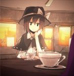  brown_hair capelet chin_rest cup hat saucer shirofox short_hair smile solo steam stuffed_animal stuffed_toy teacup teddy_bear touhou usami_renko 