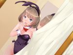  animal_ears blue_eyes bowtie brown_hair bunny_ears bunny_tail bunnysuit curtains detached_collar dressing_room fishnet_pantyhose fishnets mido_(pstn) mirror open_mouth original pantyhose rabbit_ears short_hair tail wrist_cuffs 