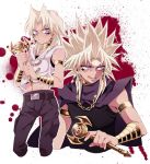  :q belt bracelet cape chain chains dark_persona facial_mark forehead_mark jewelry li_mone marik_ishtar millennium_rod multiple_boys pants purple_eyes sleeveless spiked_hair spiky_hair tongue violet_eyes white_hair yami_marik yu-gi-oh! yuu-gi-ou yuu-gi-ou_duel_monsters 