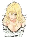  +_+ 1girl bare_shoulders blonde_hair breast_lift breasts cleavage collarbone crossed_arms highres large_breasts official_art shirt simple_background smile solo to_aru_kagaku_no_railgun to_aru_majutsu_no_index tongue tongue_out wenhe white_background wink yellow_eyes 