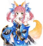  animal_ears bare_shoulders blue_legwear bow breasts caster_(fate/extra) cleavage detached_sleeves fate/extra fate_(series) fina_(sa47rin5) fox_ears fox_tail hair_bow hair_ribbon japanese_clothes obi pink_hair ribbon smile solo tail thigh-highs thighhighs traditional_media twintails yellow_eyes 
