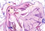 adapted_costume book bow capelet crescent dress hair_ribbon hat long_hair long_sleeves lying mizuse_kiseki on_back open_clothes open_coat patchouli_knowledge purple_dress purple_eyes purple_hair ribbon snow solo striped striped_dress touhou tress_ribbon very_long_hair violet_eyes winter_clothes 